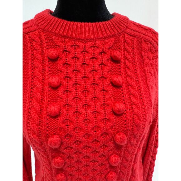 J crew red cable knit pom pom detail wool blend crewneck sweater - Picture 2 of 8